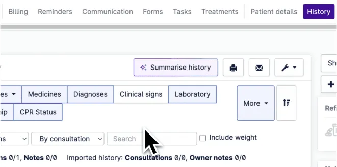 Provet veterinary software interface showing patient history navigation tabs