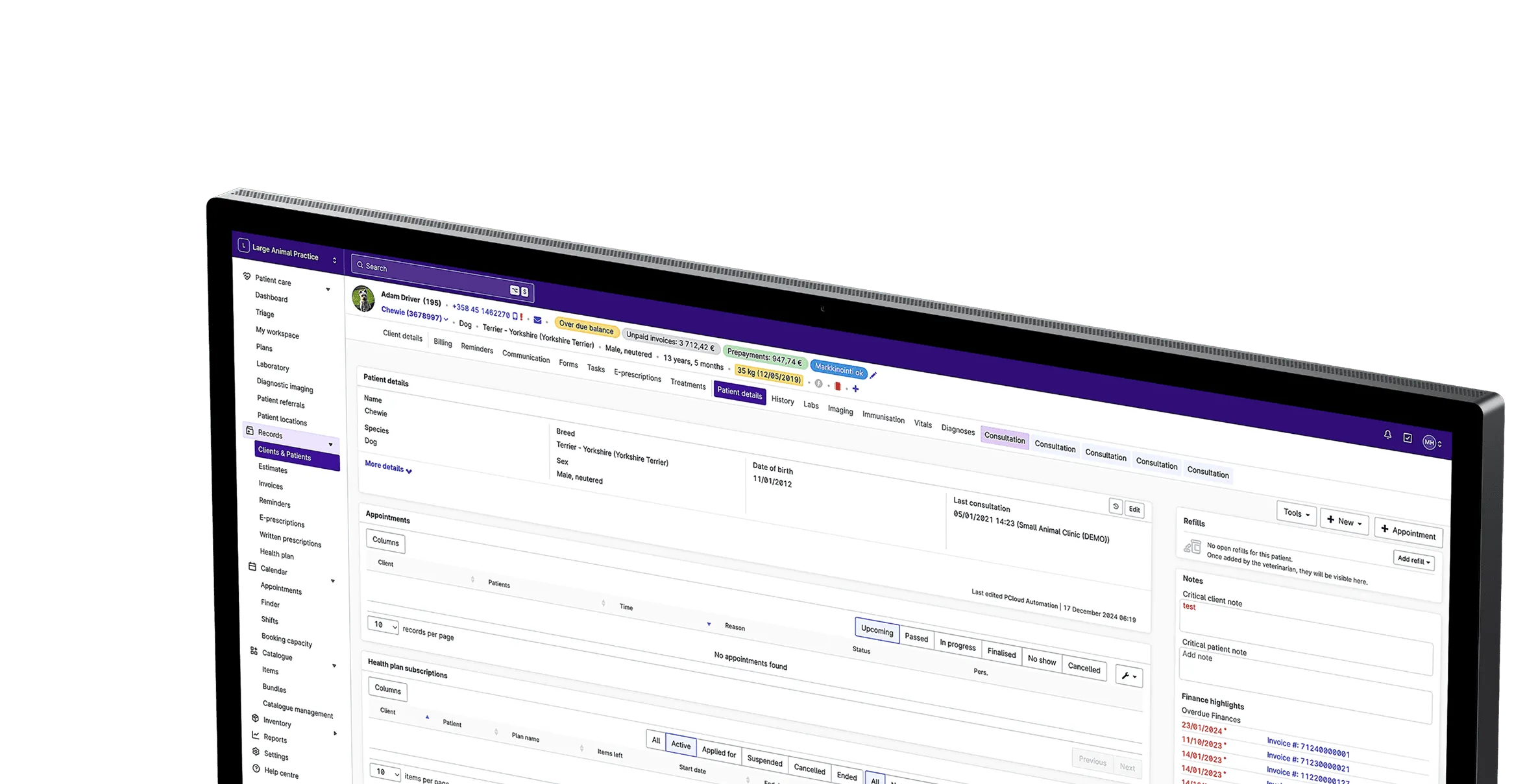 Provet veterinary software interface showing patient details on computer screen